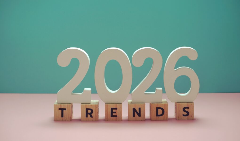 Trends 2026 alphabet letter on blue and pink background